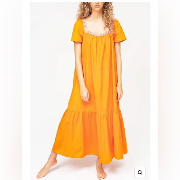 PITUSA Cotton Embroidered Square Neck Tiered Ruffle Maxi Dress Orange Petite NWT - Picture 1 of 6